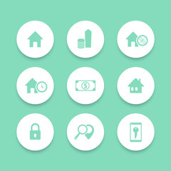 Real Estate, house sale, search, round icons set, vector illustration