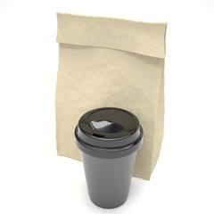 Coffee to go and lunch bag, on white.