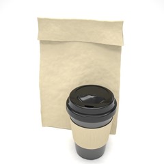 Coffee to go and lunch bag, on white.