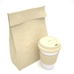 Coffee to go and lunch bag, on white.
