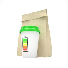 Coffee to go and lunch bag, on white.