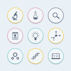 Science, research, laboratory, microscope round icons, vector illustration