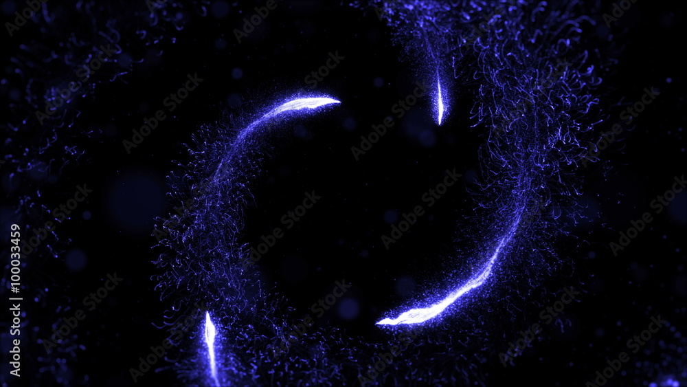 Poster loopable camera flying throught the abstract spiral twisted particle background