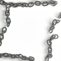 white background framed by a frame of steel chain