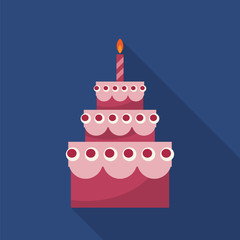 Birthday cake with candle flat icon with long shadow.