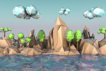 Low-polygonal landscape with trees, mountains, water, sky with clouds and beautiful reflections. Fantastic background. Modified low-poly technique