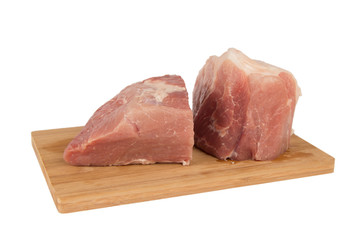 Raw piece of meat on a wooden board on a white background