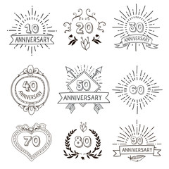 Anniversary birthdays festive emblems icons set for personalized gifts cards  and presents hipster hand drawn   vector illustration
