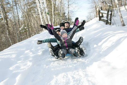 kids with parents is sledging in winter-landscape