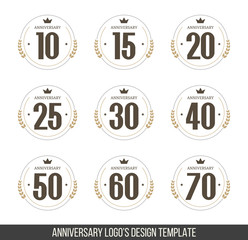 Vector set of anniversary signs, symbols. 10, 15, 20, 25, 30, 40, 50, 60, 70 years jubilee design elements collection.