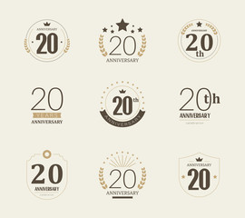 Twenty years anniversary celebration logotype. 20th anniversary logo set.