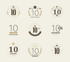 Ten years anniversary celebration logotype. 10th anniversary logo set.