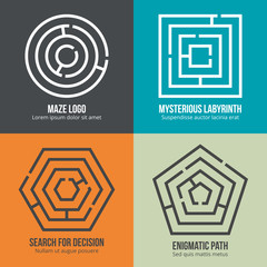 Labyrinth, maze shape logo design set. Rebus logic, game search mystery. Vector illustration