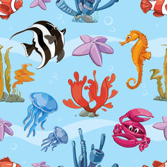 Underwater seamless vector background with sea animals. Nature ocean pattern with marine fish and fauna illustration