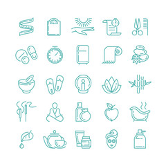 Naklejka premium Spa Beauty line icons set. Health care, cream mask, therapy vector illustration
