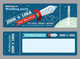 Tickets template for wedding invitations. Greeting blank, rocket launch, celebration date, vector illustration