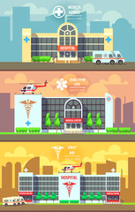 Medical center and hospital building banners set. Health care concept. Building clinic, healthcare medicine quality, vector illustration