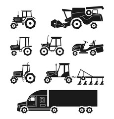 Tractors and combine harvesters icons set. Agricultural transport collection. Transportation machine lorry, cargo equipment. Vector illustration