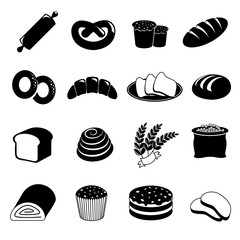 Bakery and bread icons set. Food and pastry, cake and wheat, toast breakfast, vector illustration