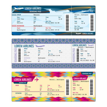 Airplane vector tickets set for plane, flight airline, pass boarding illustration