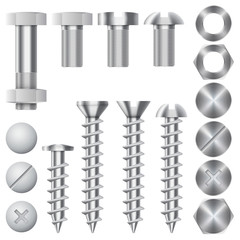 Construction hardware icons. Screws, bolts, nuts and rivets. Equipment stainless, metalli fix gear, vector illustration