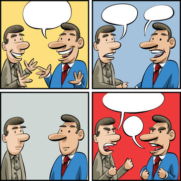 Four, square cartoon panels featuring to cartoon businessmen showing different emotions while having conversations with blank speech bubbles.