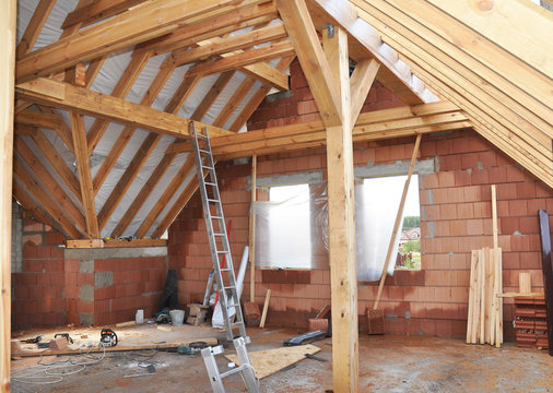 Building Attic Interior. Roofing Construction Indoor. 