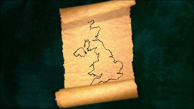 Britain United Kingdom Map Painting Unfolding Old Paper Scroll 3D 4K