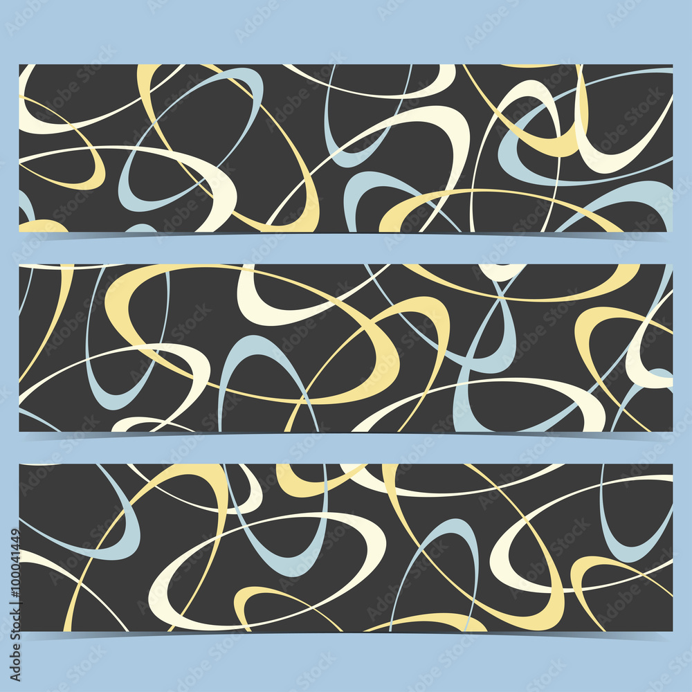 Poster Set of vector horizontal banners. Black background with colorful circles . Modern design