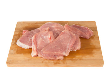 Raw piece of meat on a wooden board on a white background