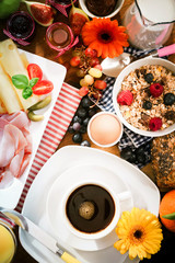 Top view breakfast with flowers