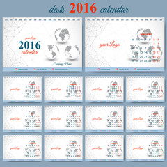 Vector template desk calendar 2016 years . Week starts monday. Graphic background molecule and communication. 