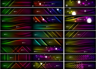 Glowing shapes on dark background. Vector set of black headers with light effects