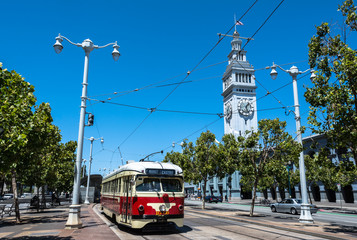 The red beige tram in  San Francisco