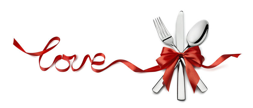 Valentine silverware in red ribbon love design element isolated
