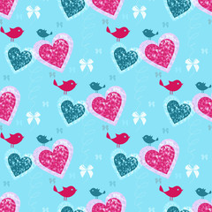Love seamless pattern, background with hearts and birds. Vintage