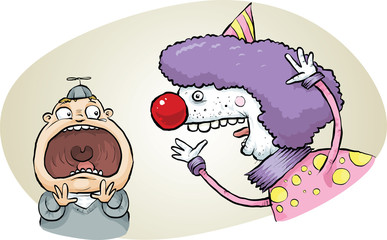 A cartoon child screams with fright after being surprised by a scary clown.