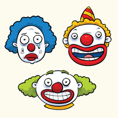 A set of three funny, cartoon clown faces.