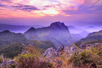 Cliff view of beautiful sunset and sky with sea of mist/Cliff view of beautiful sunset and sky with...