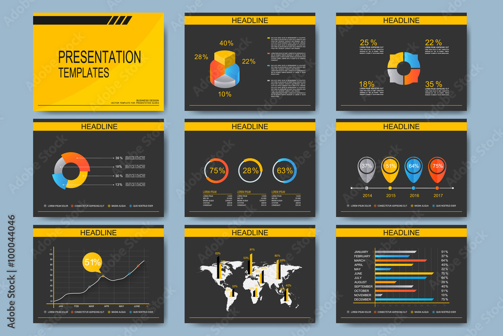 Aufkleber Set of vector templates for multipurpose presentation slides. Modern business design with graph and charts