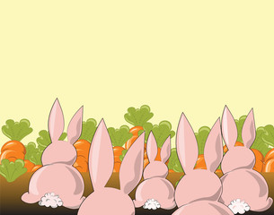 Bunny rabbits in a field of carrots. Vector