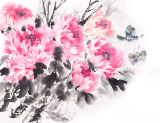 peony flower,Traditional chinese ink and wash painting.