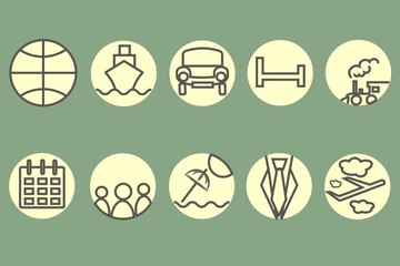 The route icons, hotel icons. Black, gray contour train, umbrellas on a pastel green background. Marc by client visa, tickets, group, hotel, beach. Line style, retro. Vector