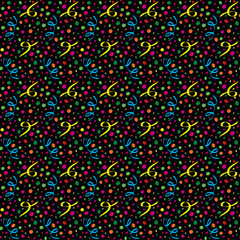 Pattern of colorful confetti and streamers in a black background