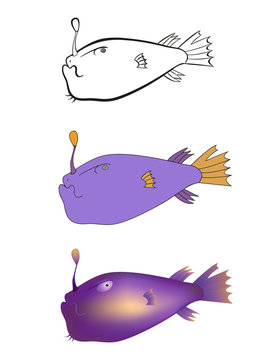 Three versions of a cartoon illustration of deep-water fish: black-and-white sketch, color, gradient