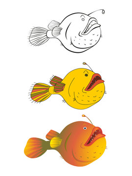 Three versions of a cartoon illustration of deep-water fish: black-and-white sketch, color, gradient