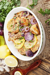 Spicy chicken in a ceramic pot