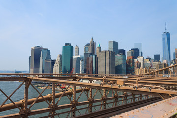 Lower Manhattan cityscape from Brooklyn bridge, New York, USA
