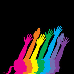 Seven people in profile with hands raised. With space for text