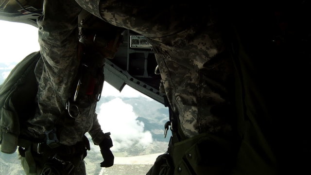 Time lapsed, footage from inside a CH-47 Chinook helicopter in flight.